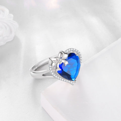 6Ct Heart Women Ring Bow Kont Ribbon 925 Sterling Silver September Birthstone Blue Sapphire Ring Jewelry Mom Wife Valentines Birthday Mother's Day Gift - Aurora Tears