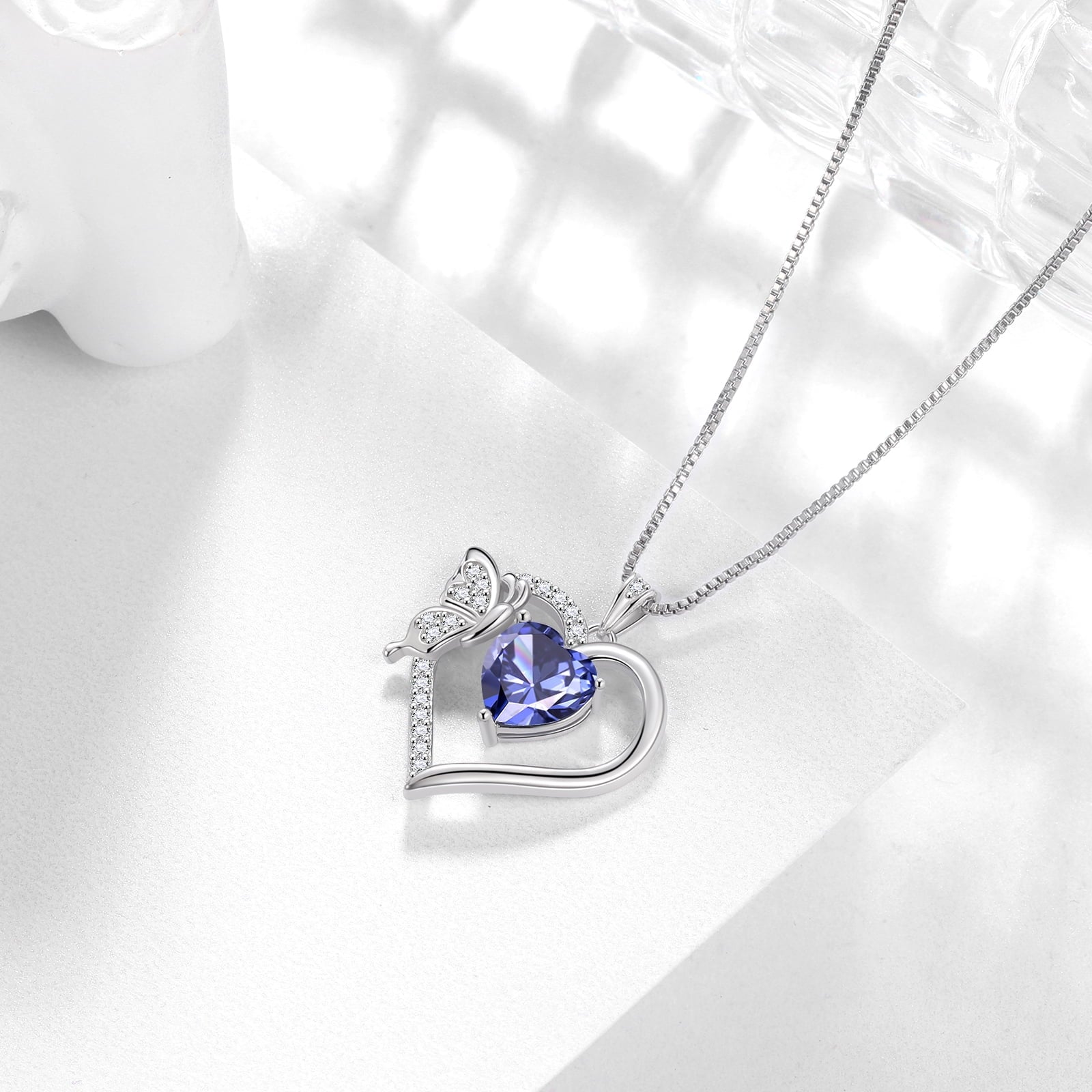 Women Blue Heart Necklace Butterfly December Birthstone Necklace Tanzanite CZ 925 Sterling Silver Pendant Jewelry Mother Wife Christmas Birthday Gift - Aurora Tears