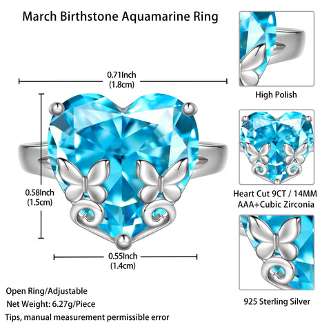 9Ct Women Heart Ring 925 Sterling Silver Butterfly March Birthstone Aquamarine Blue Solitaire Ring Jewelry Birthday Gift for Mother - Aurora Tears