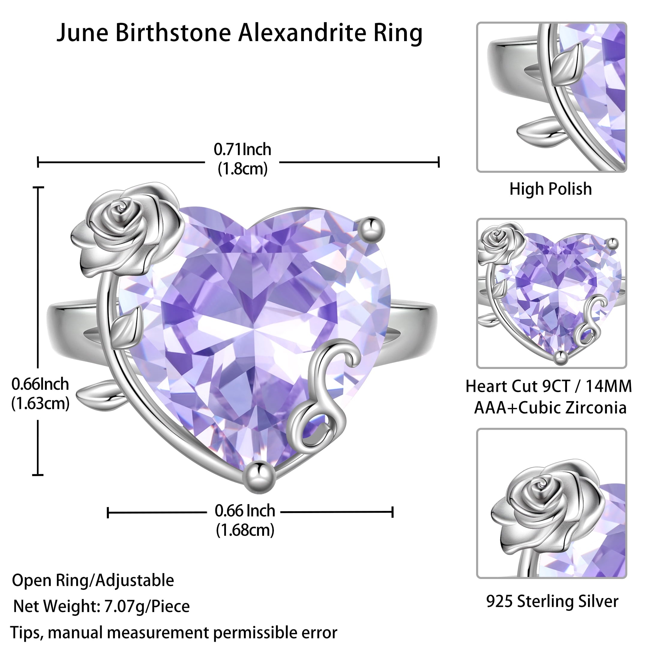 9Ct Women Heart Ring 925 Sterling Silver Rose Flower June Birthstone Alexandrite Solitaire Ring Jewelry Birthday Gift for Mother - Aurora Tears