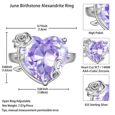 9Ct Women Heart Ring 925 Sterling Silver Rose Flower June Birthstone Alexandrite Solitaire Ring Jewelry Birthday Gift for Mother - Aurora Tears