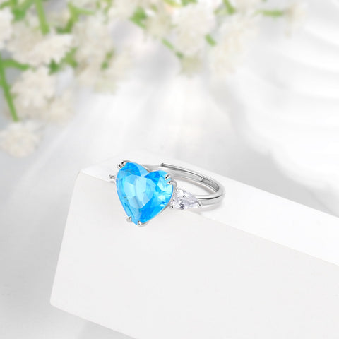6Ct Women Heart Ring 925 Sterling Silver March Birthstone Ring Aquamarine Blue Band Jewelry Mother Birthday Wedding Valentine's Day - Aurora Tears