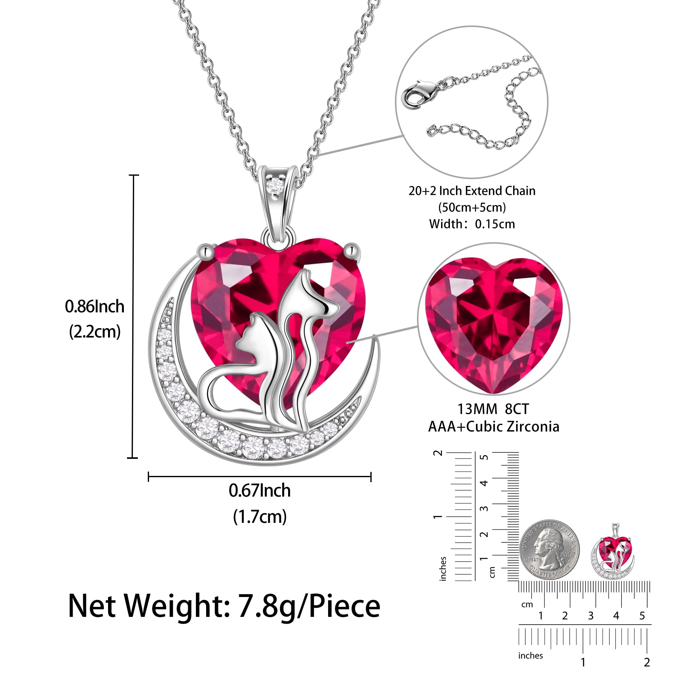 Women Animal Cat and Dog Necklace Red Heart July Birthstone Charm Ruby Crystal Pendant Jewelry Birthday Mothers Day Gift for Mom Wife Daughter Pet Lover - Aurora Tears