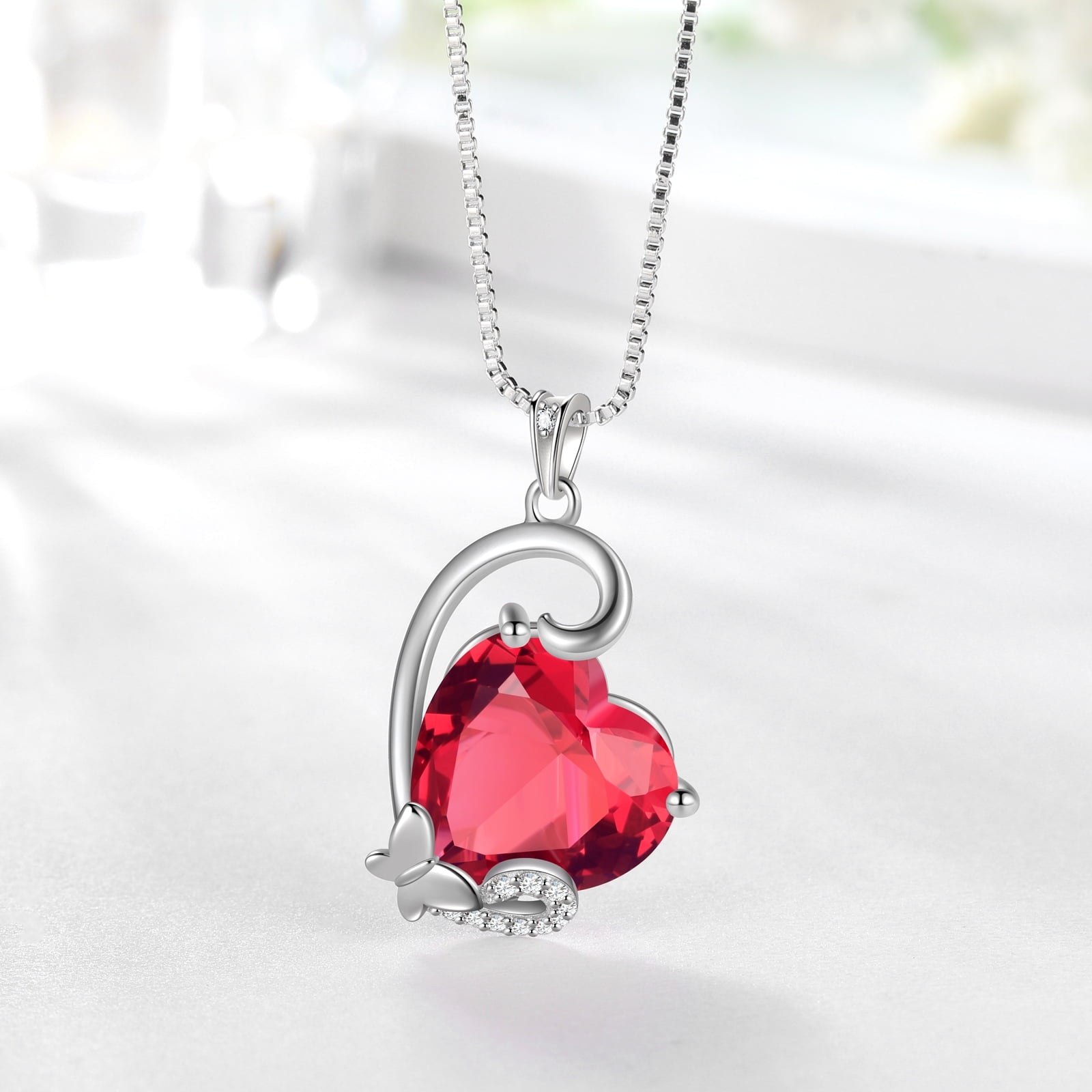 July Birthstone Heart Necklace Butterfly Jewelry Pendant Red Ruby Necklace 925 Sterling Silver Women Mother Birthday Valentine's Day Gift - Aurora Tears