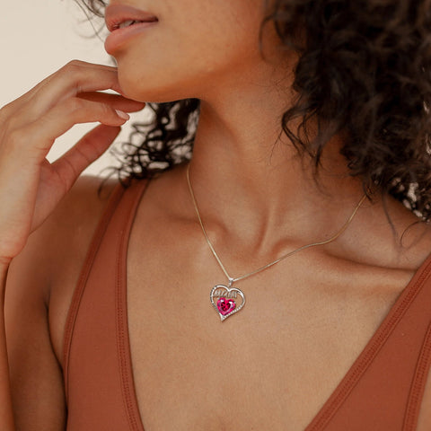 Women Mom Necklace Heart July Birthstone Necklace Ruby Red 925 Sterling Silver Pendant Jewelry Grandma Christmas Birthday Mother's Day Gifts - Aurora Tears