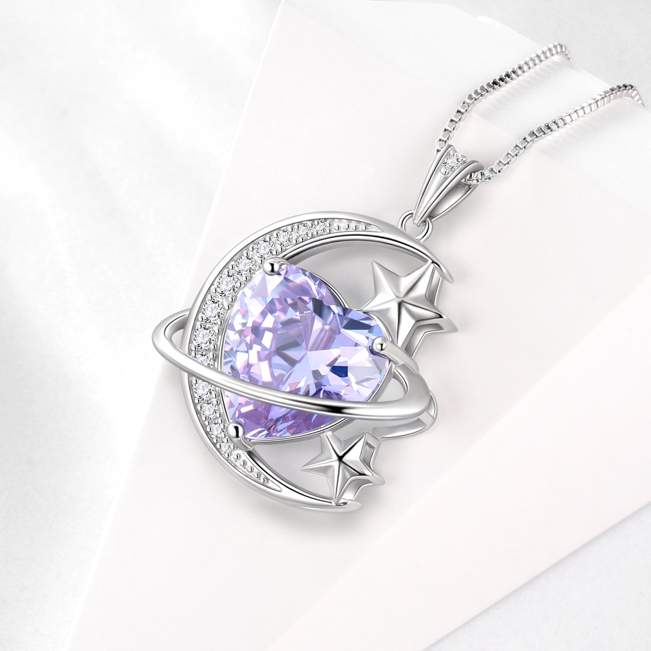 13MM Women Moon and Star Necklace Heart June Birthstone 925 Sterling Silver Celestial Pendant Purple Alexandrite Jewelry Christmas Birthday Valentines Gift for Her/Wife/Mom - Aurora Tears