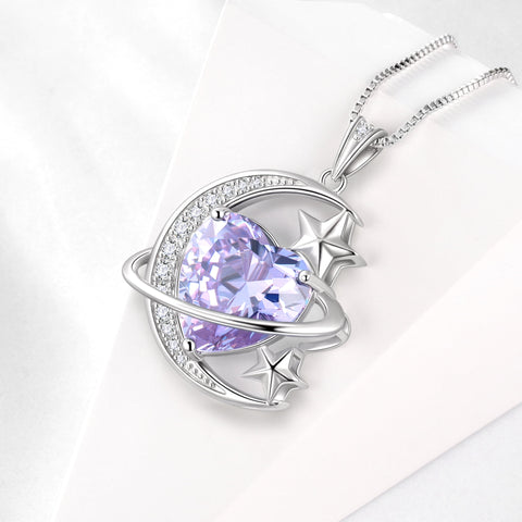13MM Women Moon and Star Necklace Heart June Birthstone 925 Sterling Silver Celestial Pendant Purple Alexandrite Jewelry Christmas Birthday Valentines Gift for Her/Wife/Mom - Aurora Tears
