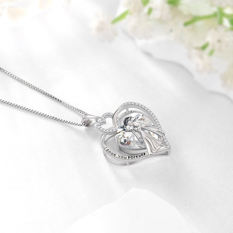 Couple Necklace for Women 925 Sterling Silver Heart April Birthstone Pendant Engraved Wedding Engagement Jewelry Valentines Day Gift for Her Wife Bride Girlfriend - Aurora Tears