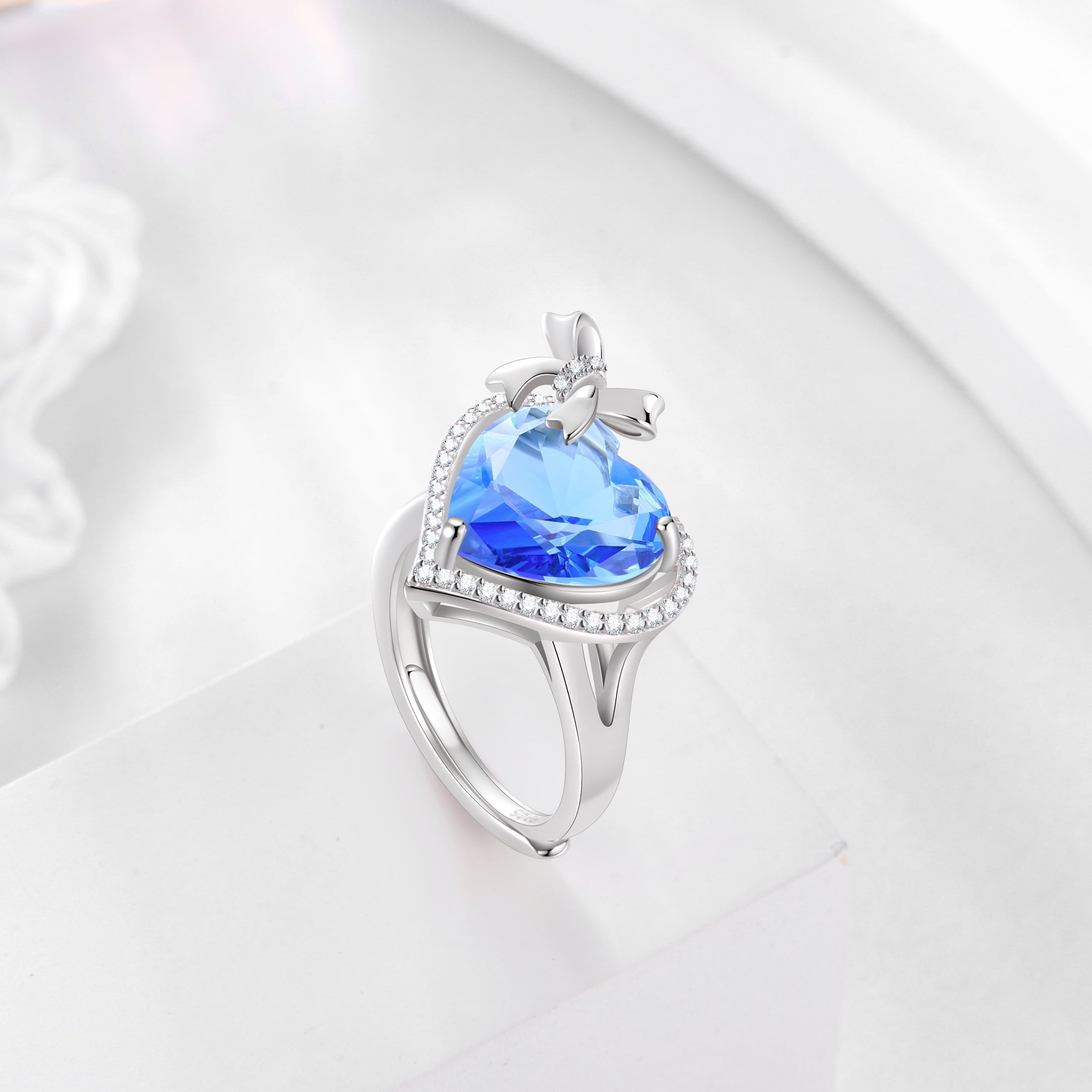6Ct Heart Women Ring Bow Kont Ribbon 925 Sterling Silver December Birthstone Tanzanite Blue Solitaire Jewelry Mother Christmas Valentines Gift for Her - Aurora Tears
