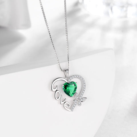 Women Green Love Heart Necklace Butterfly May Birthstone Necklace Emerald 925 Sterling Silver Jewelry Valentine Christmas Birthday Mothers Day Gift Idea - Aurora Tears