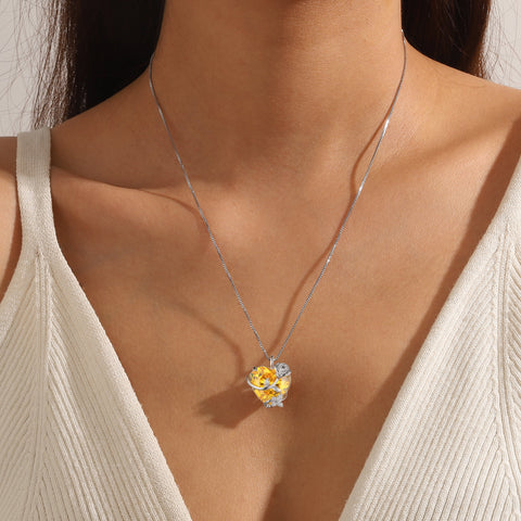 15MM Women Rose Heart Necklace November Birthstone 925 Sterling Silver Butterfly Flower Pendant Citrine Jewelry Yellow Christmas Valentines Gift for Her - Aurora Tears