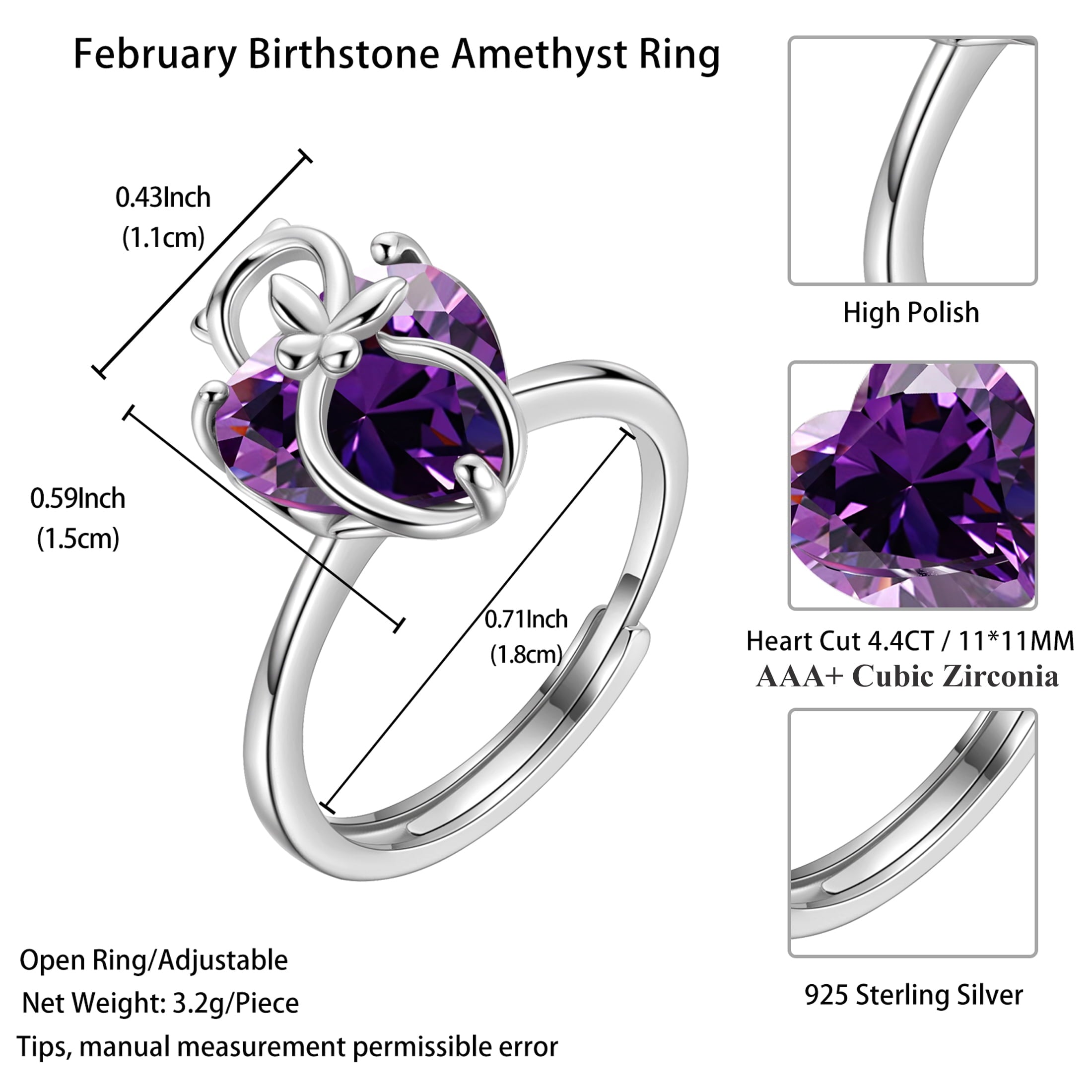 Women Heart Ring 925 Sterling Silver Cat Butterfly February Birthstone Amethyst Purple Solitaire Ring Jewelry Girlfriend Cat Lover Valentine's Day Gift - Aurora Tears