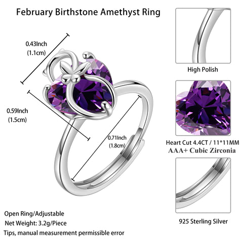 Women Heart Ring 925 Sterling Silver Cat Butterfly February Birthstone Amethyst Purple Solitaire Ring Jewelry Girlfriend Cat Lover Valentine's Day Gift - Aurora Tears