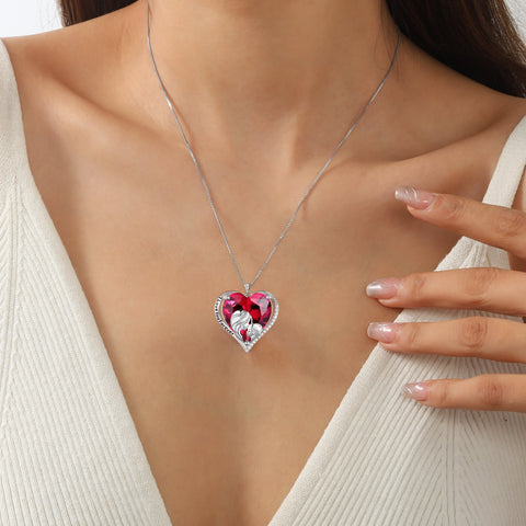 Women Heart Necklace for Mother Daughter 925 Sterling Silver CZ Ruby Birthstone Pendant Jewelry July Birthday Christmas Mother's Day Gift - Aurora Tears