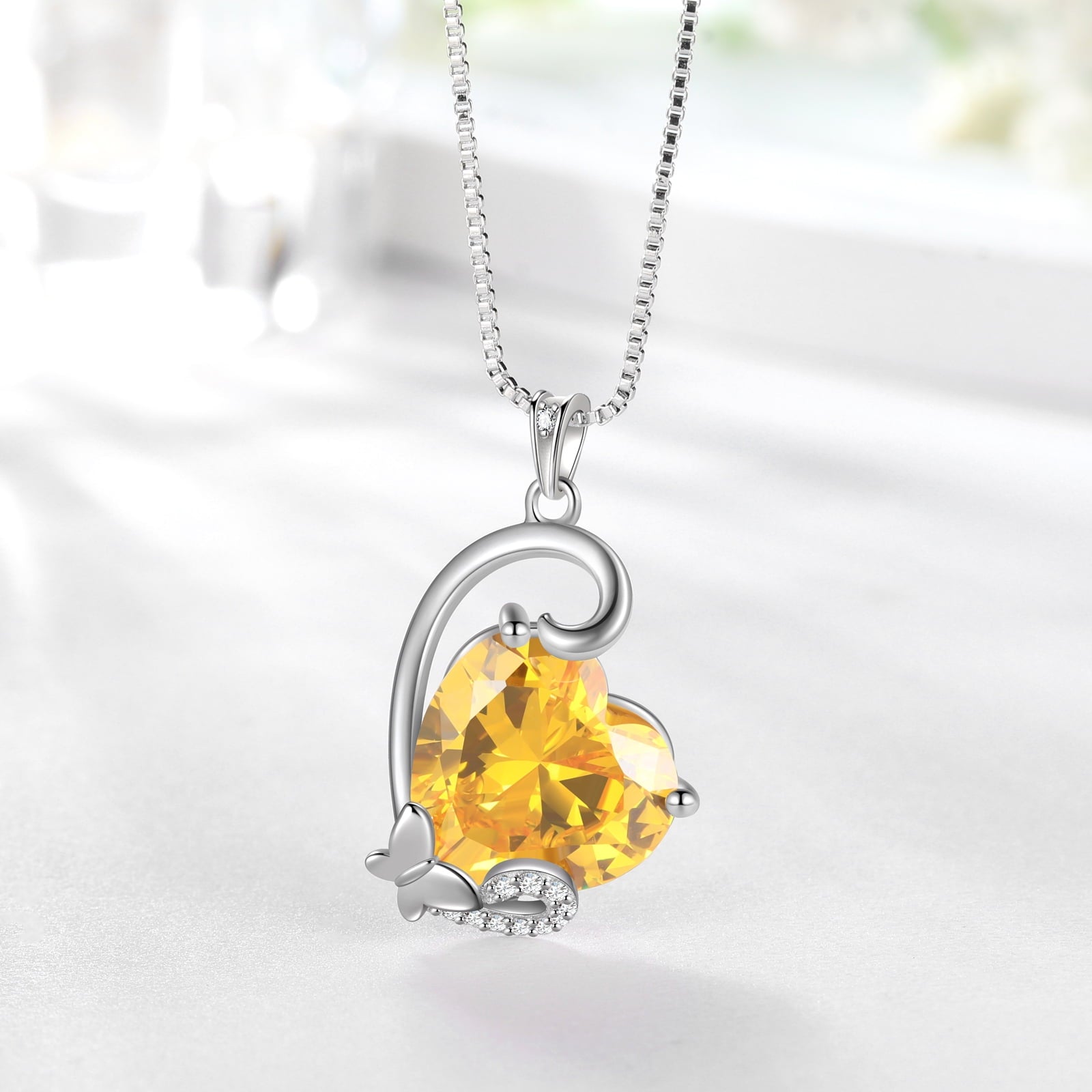 November Birthstone Heart Necklace Butterfly Pendant Citrine Jewelry Yellow CZ 925 Sterling Silver Mother Christmas Birthday Gift for Women - Aurora Tears