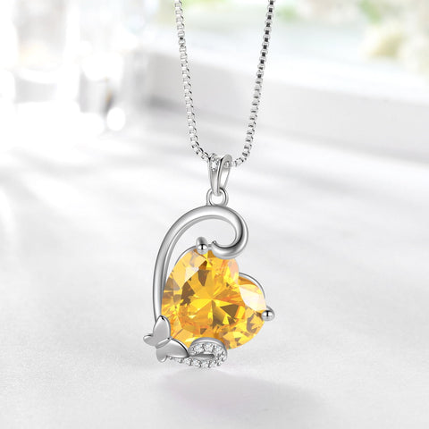 November Birthstone Heart Necklace Butterfly Pendant Citrine Jewelry Yellow CZ 925 Sterling Silver Mother Christmas Birthday Gift for Women - Aurora Tears