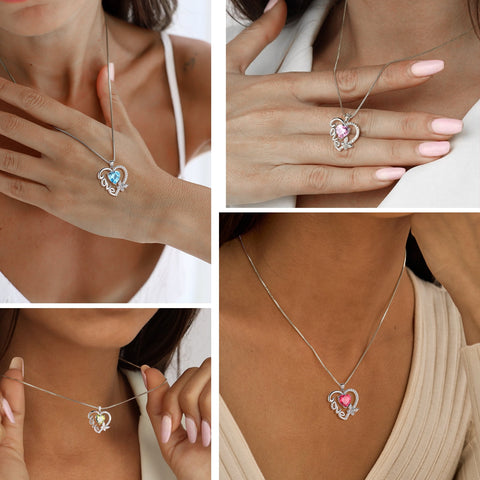 Women Red Love Heart Necklace Butterfly July Birthstone Necklace Ruby 925 Sterling Silver Pendant Jewelry Mother Birthday Valentine's Day Gift for Her - Aurora Tears