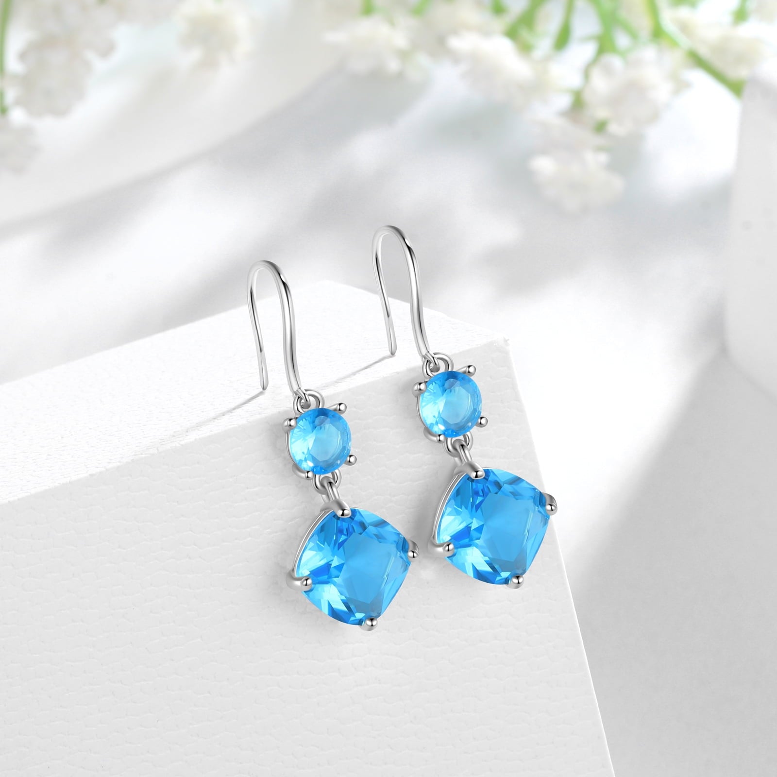 March Birthstone Earrings Women 925 Sterling Silver Hook Long Drop Earrings Aquamarine Blue Topaz Jewelry Birthday Mother's Day Gift - Aurora Tears