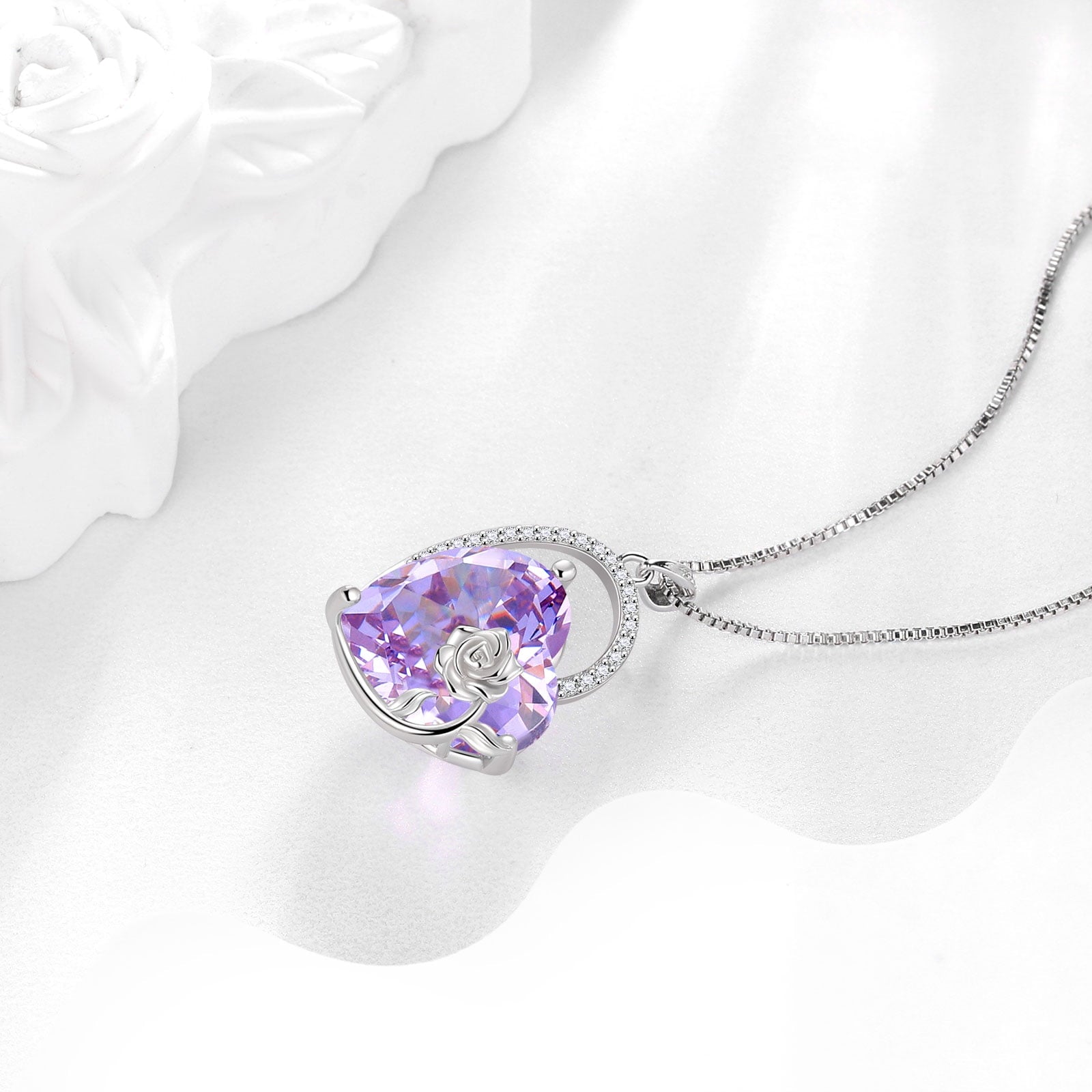 925 Sterling Silver 15MM Heart Necklace Women June Birthstone Alexandrite Purple Jewelry Rose Flower Pendant Mom Birthday Valentines's Day Gift for Her - Aurora Tears