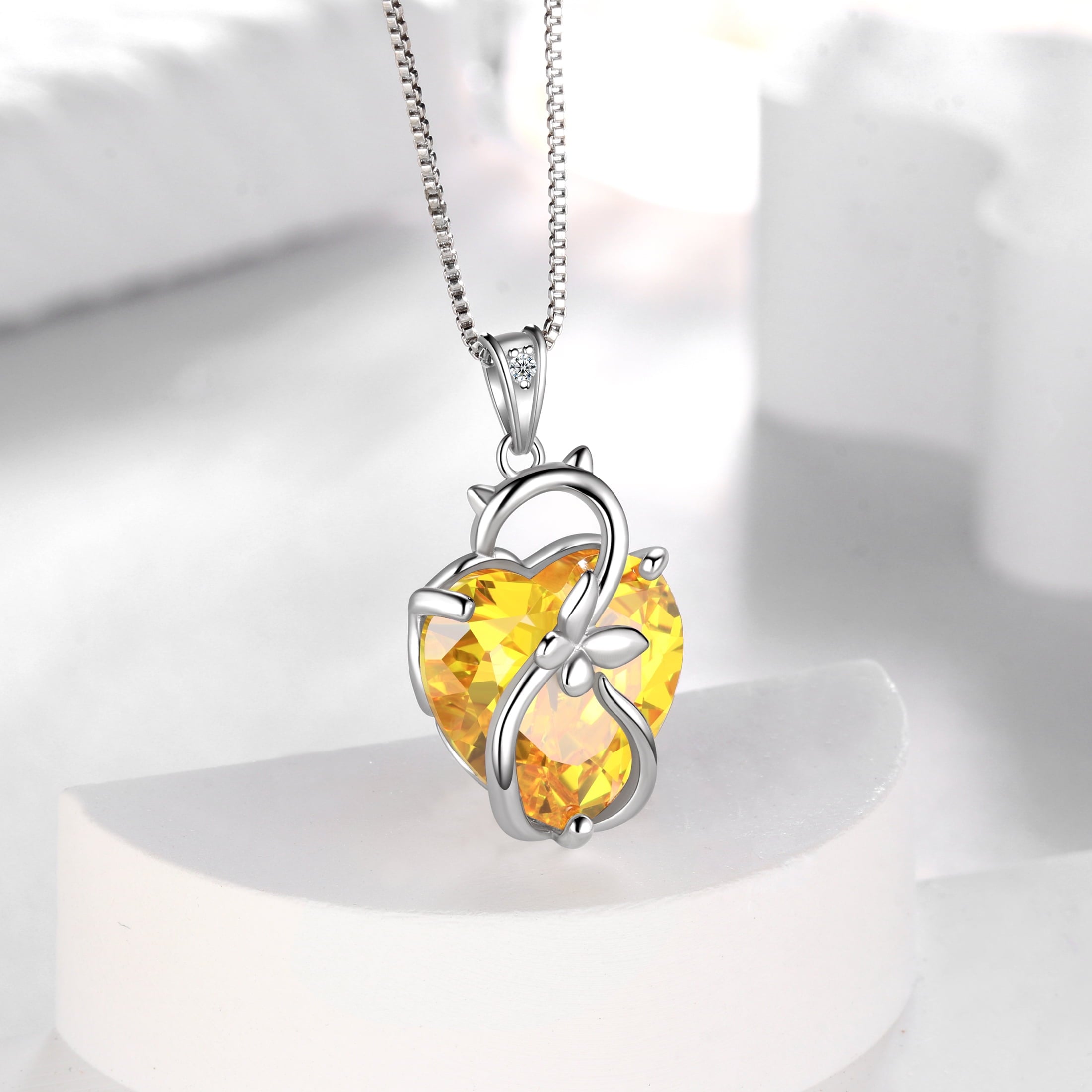15MM Women Cat Necklace Heart November Birthstone 925 Sterling Silver Pendant Yellow Butterfly Citrine Jewelry Mother Cat Lover Christmas Birthday Gift - Aurora Tears