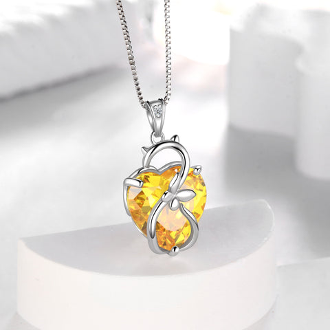 15MM Women Cat Necklace Heart November Birthstone 925 Sterling Silver Pendant Yellow Butterfly Citrine Jewelry Mother Cat Lover Christmas Birthday Gift - Aurora Tears