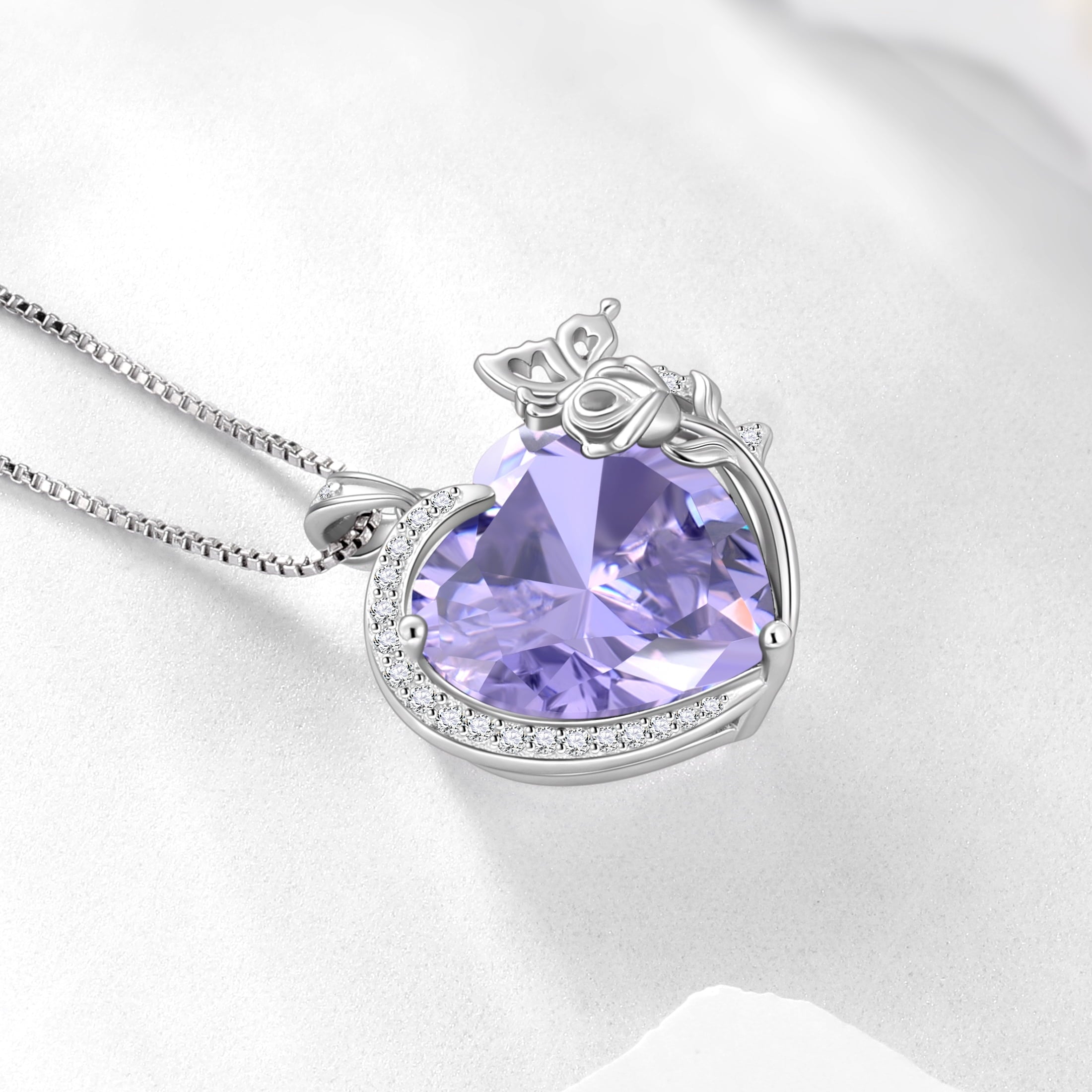 Women Heart Necklace Butterfly Rose Flower Pendant June Birthstone Alexandrite Crystal 925 Sterling Silver Jewelry Mother Wife Birthday Gift - Aurora Tears