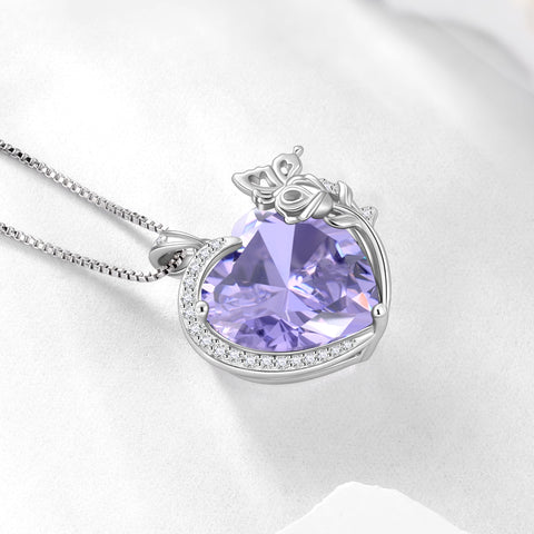 Women Heart Necklace Butterfly Rose Flower Pendant June Birthstone Alexandrite Crystal 925 Sterling Silver Jewelry Mother Wife Birthday Gift - Aurora Tears