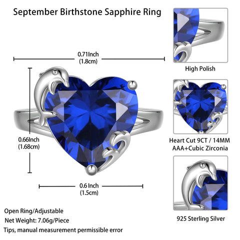 9Ct Women Heart Ring 925 Sterling Silver Dolphin September Birthstone Sapphire Blue Solitaire Ring Jewelry Birthday Mother's Day Gift - Aurora Tears