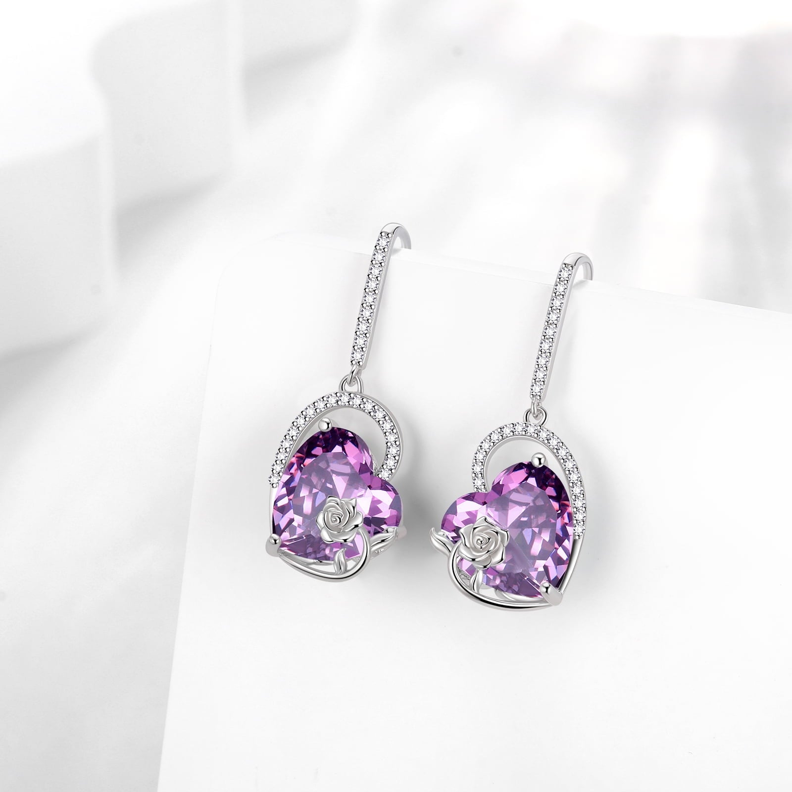 925 Sterling Silver Earrings Women Heart February Birthstone Hook Dangle Earring Amethyst Purple Rose Jewelry Mother Valentine's Day Gift - Aurora Tears