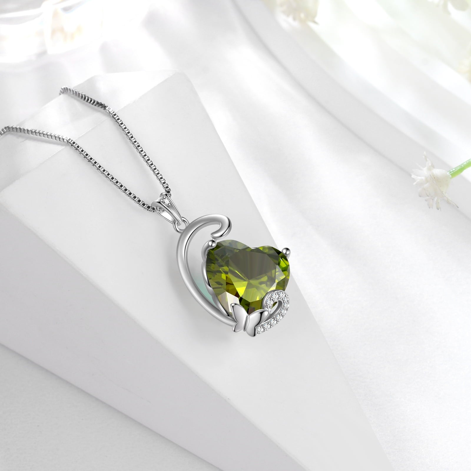 August Birthstone Heart Necklace Butterfly Pendant Green Peridot Jewelry 925 Sterling Silver Women Birthday Christmas Mother's Day Gift - Aurora Tears
