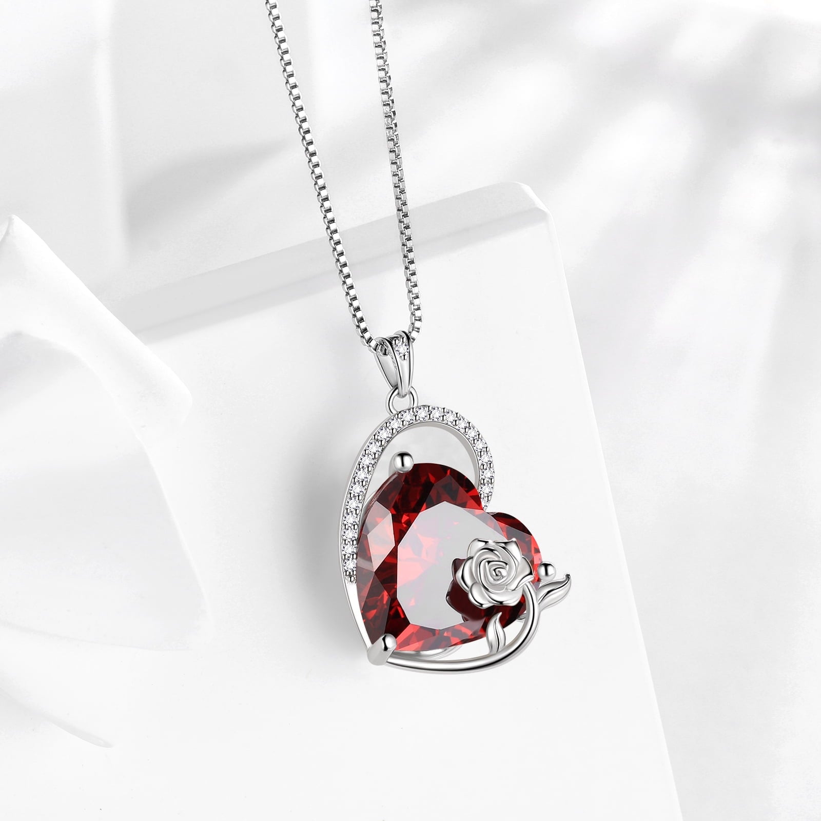 925 Sterling Silver 15MM Heart Necklace Women January Birthstone Garnet Jewelry Red Rose Flower Pendant Mother Birthday Valentine's Day Xmas Gift - Aurora Tears