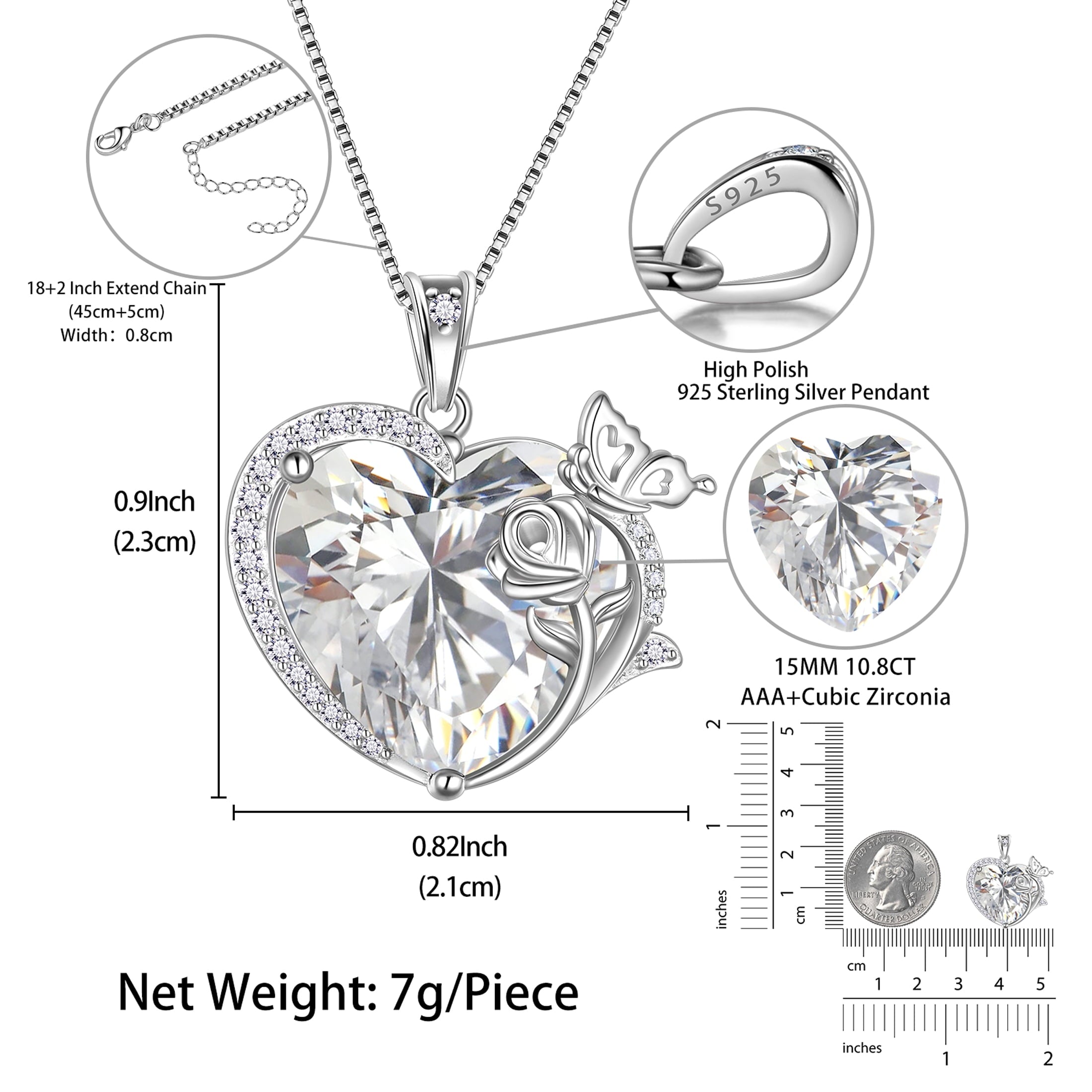 Women Heart Necklace Butterfly Rose Flower Pendant April Birthstone Diamond Crystal Wedding Bridal Jewelry 925 Sterling Silver Wife Mom Gift - Aurora Tears