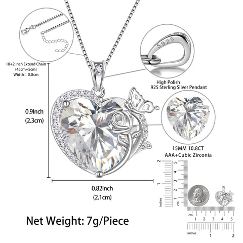 Women Heart Necklace Butterfly Rose Flower Pendant April Birthstone Diamond Crystal Wedding Bridal Jewelry 925 Sterling Silver Wife Mom Gift - Aurora Tears