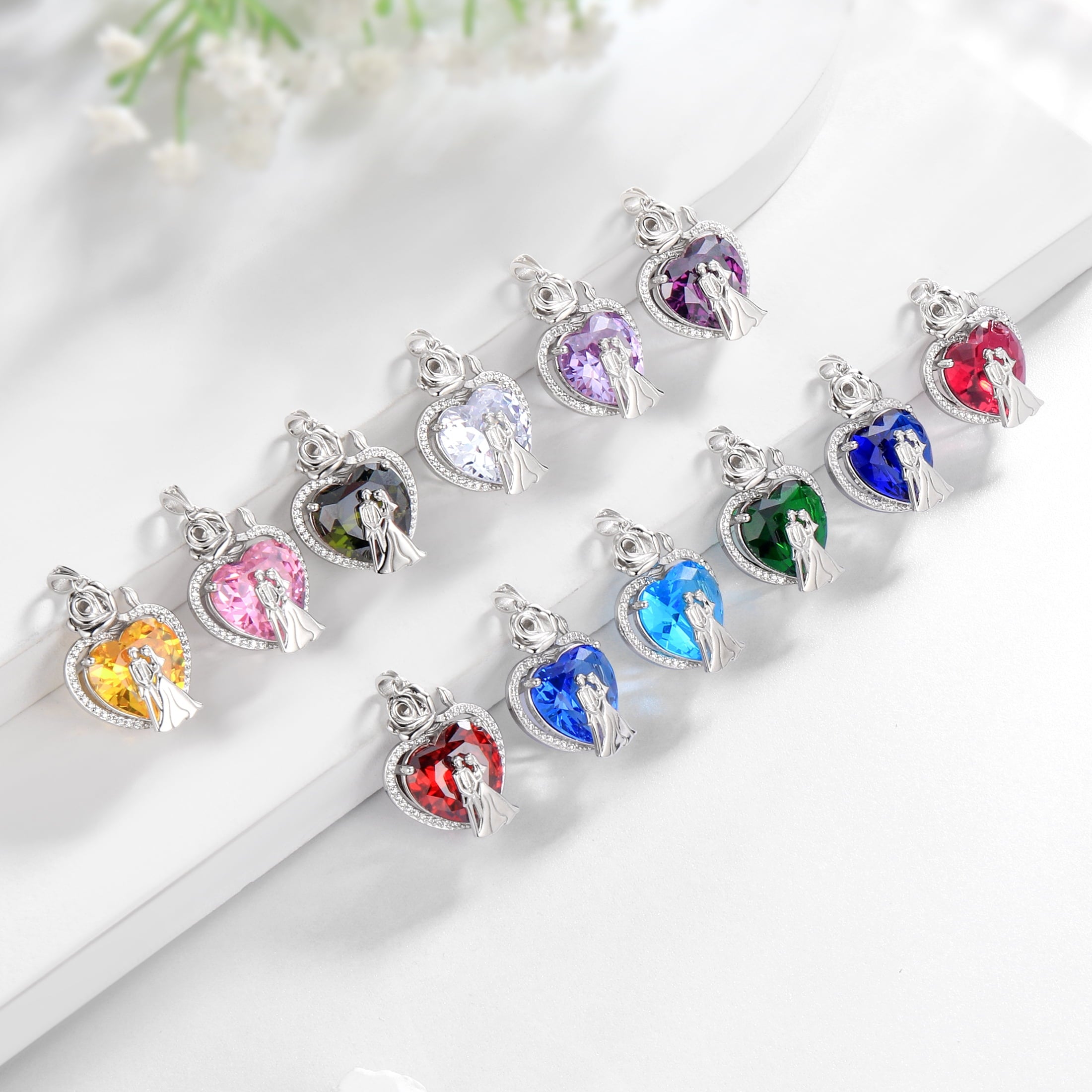 Couple Necklace for Women 925 Sterling Silver 15MM Heart January Birthstone Rose Flower Pendant Promise Engagement Jewelry Valentine's Day Gift for Her Wife Bride - Aurora Tears