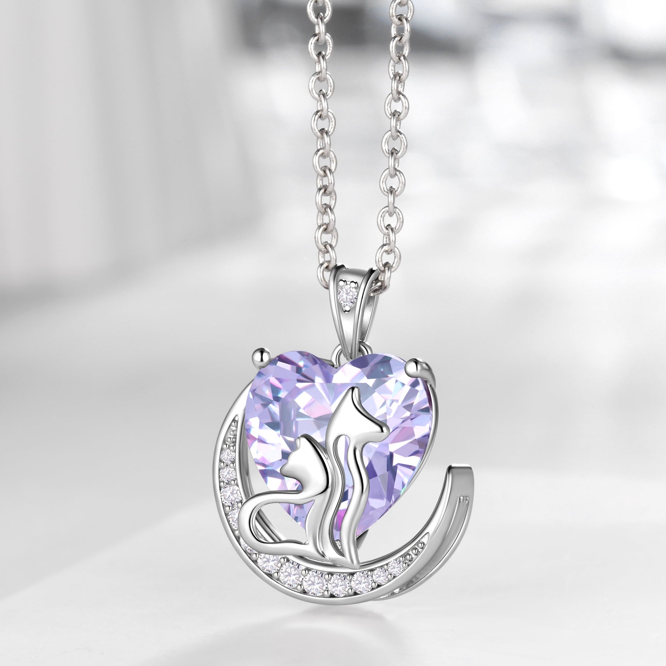Women Animal Cat Dog Necklace Purple Heart June Birthstone Charm Alexandrite Crystal Pendant Jewelry Birthday Gift for Mother Wife Daughter Pet Lover - Aurora Tears