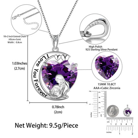 Moon Heart Mother Daughter Necklace 925 Sterling Silver Purple Amethyst February Birthstone Pendant Jewelry Women Birthday Xmas Mother's Day Gift - Aurora Tears