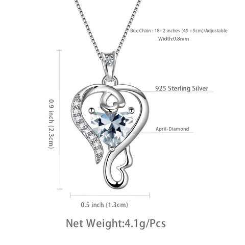 Love Heart Birthstone April Diamond Necklace Pendant Women Girls Jewelry Birthday Gift