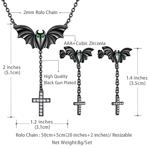 Black Bat Cross Necklace Earrings Men Women Gothic Halloween Jewelry - Aurora Tears Jewelry