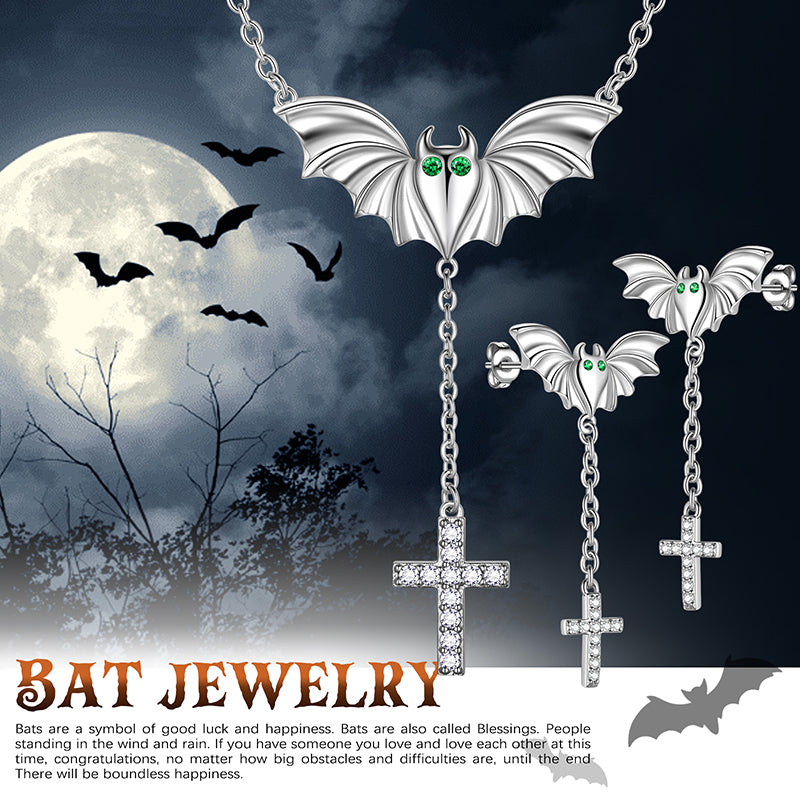 Black Bat Cross Necklace Earrings Men Women Gothic Halloween Jewelry - Aurora Tears Jewelry