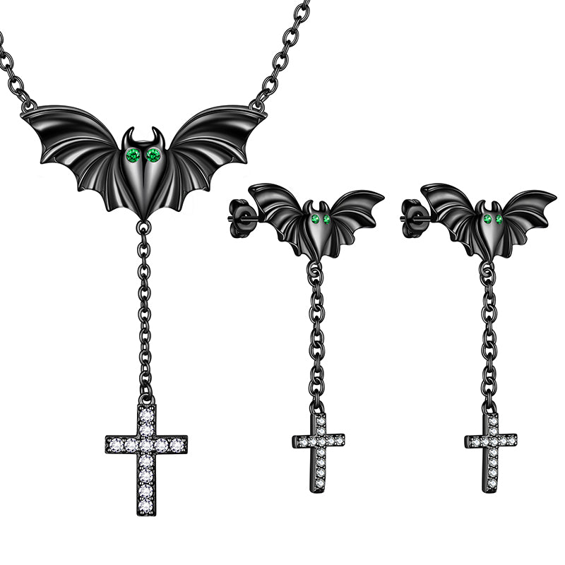 Black Bat Cross Necklace Earrings Men Women Gothic Halloween Jewelry - Aurora Tears Jewelry