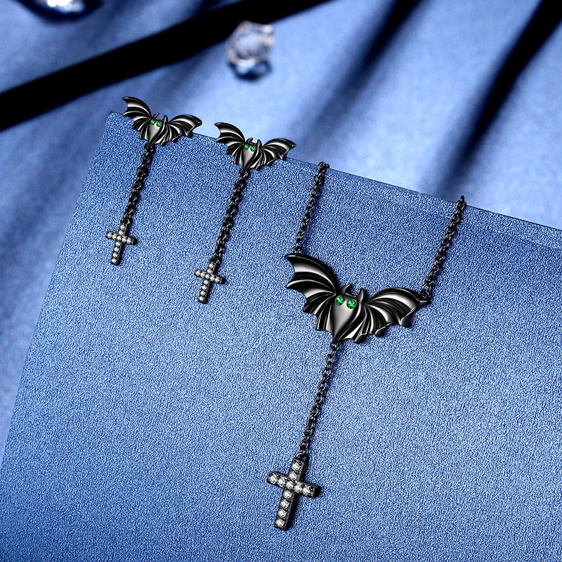 Black Bat Cross Necklace Earrings Men Women Gothic Halloween Jewelry - Aurora Tears Jewelry