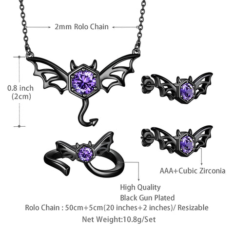 Black Bat Devil Necklace Earrings Ring Women Men Gothic Halloween Jewelry - Aurora Tears Jewelry