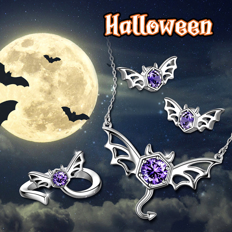Black Bat Devil Necklace Earrings Ring Women Men Gothic Halloween Jewelry - Aurora Tears Jewelry