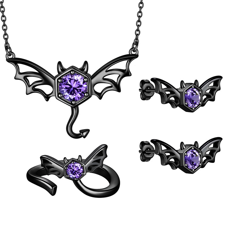 Black Bat Devil Necklace Earrings Ring Women Men Gothic Halloween Jewelry - Aurora Tears Jewelry