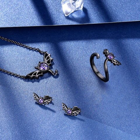 Black Bat Devil Necklace Earrings Ring Women Men Gothic Halloween Jewelry - Aurora Tears Jewelry