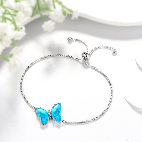 Bracelet papillon bleu, pierre de naissance aigue-marine de mars, bijoux pour femmes et filles, cadeau d'anniversaire
