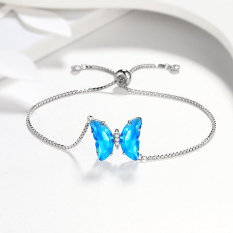 Bracelet papillon bleu, pierre de naissance aigue-marine de mars, bijoux pour femmes et filles, cadeau d'anniversaire