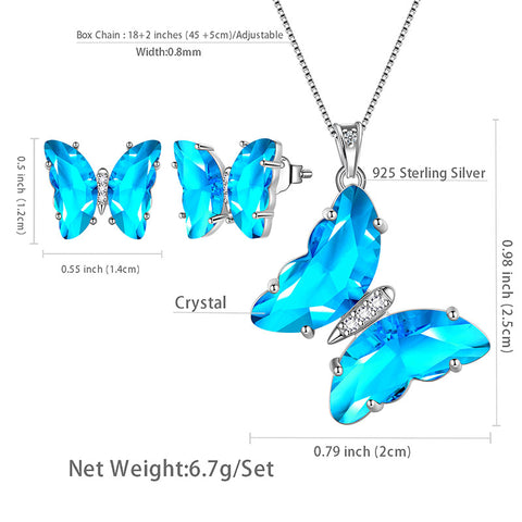 Blaues Schmetterlings-Schmuckset, 3-teilig, Aquamarin-Geburtsstein für März, Frauen und Mädchen, Geburtstagsgeschenke