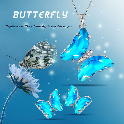 Blaues Schmetterlings-Schmuckset, 3-teilig, Aquamarin-Geburtsstein für März, Frauen und Mädchen, Geburtstagsgeschenke