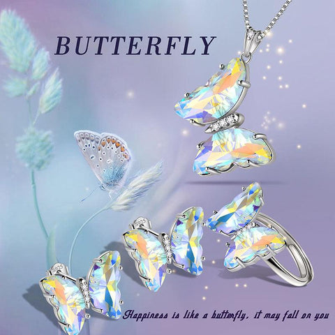 925 Sterling Silver Butterfly Jewelry Set 4PCS Birthstone Crystal Women Jewelry Gifts - Aurora Tears Jewelry